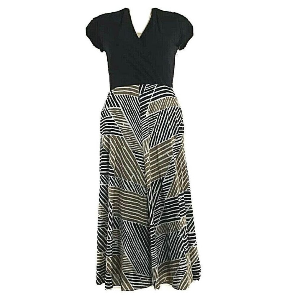 Talbots‎ Dress 10 Black Beige Tan Stripe Maxi Jersey Surplice Long Full Pocket